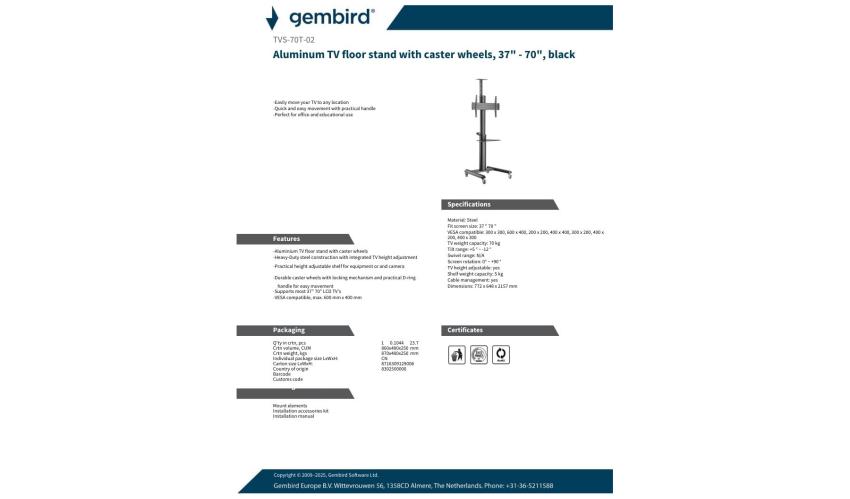 Gembird Aluminum TV floor stand with caster wheels, 37" - 70", black